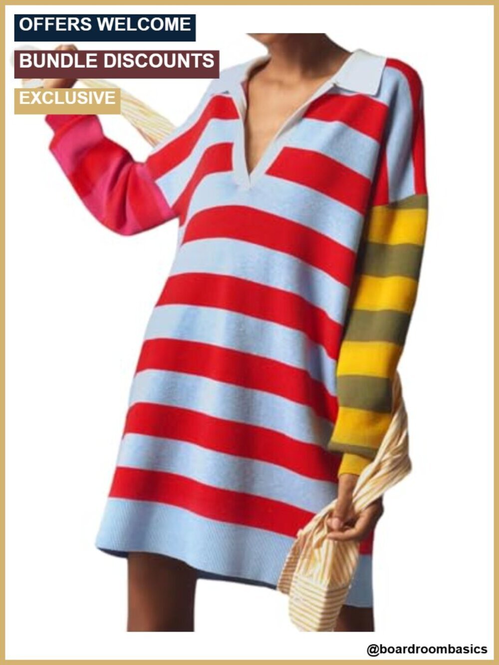 Women's Striped Sweater Dress Long Sleeve V Neck Oversized Knit Mini Dress